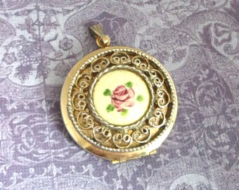 Antique Guilloche  Double-sided Locket 1.50" diameter, Locket/ Pendant with Hand painted Pink Rose, Gift for Her.