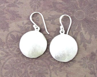Sterling silver Dangle Earrings: Handcrafted Circle drops with soft matte finish 1.15" tall