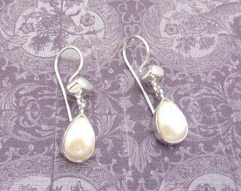 Silver Double Pearl Tear Shape Earrings, Beautiful Hooks -Handcrafted 925 sterling Silver & Natural Gems, Dangle and Drops, Gift for Her.