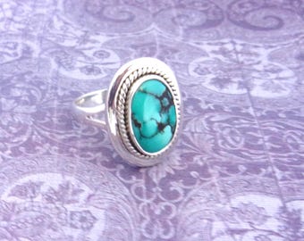 Natural Tibet Turquoise Ring: Size 8- Handcrafted 925 Sterling Silver- Rope detail around the Gem. 1" T
