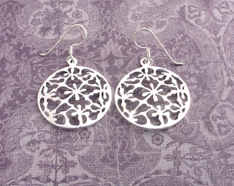 Sterling Silver Filigree Earrings: Handcrafted Round Floral 1.3" Dia x 2" T