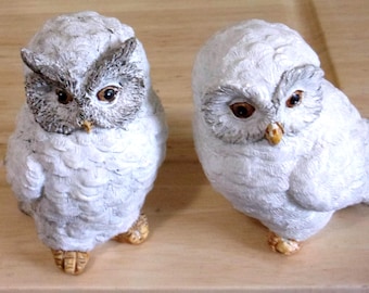 Vintage Snowy Owl Couple: 2 Ceramic & Resin Birds 3.50" T- Male Female Set. Good condition.