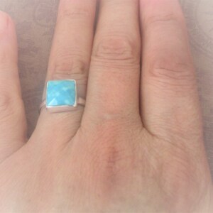 Blue-sky Arizona Turquoise Ring, Square gorgeous design, Genuine Gem, Solid 925 sterling silver. Gift for her 9 US