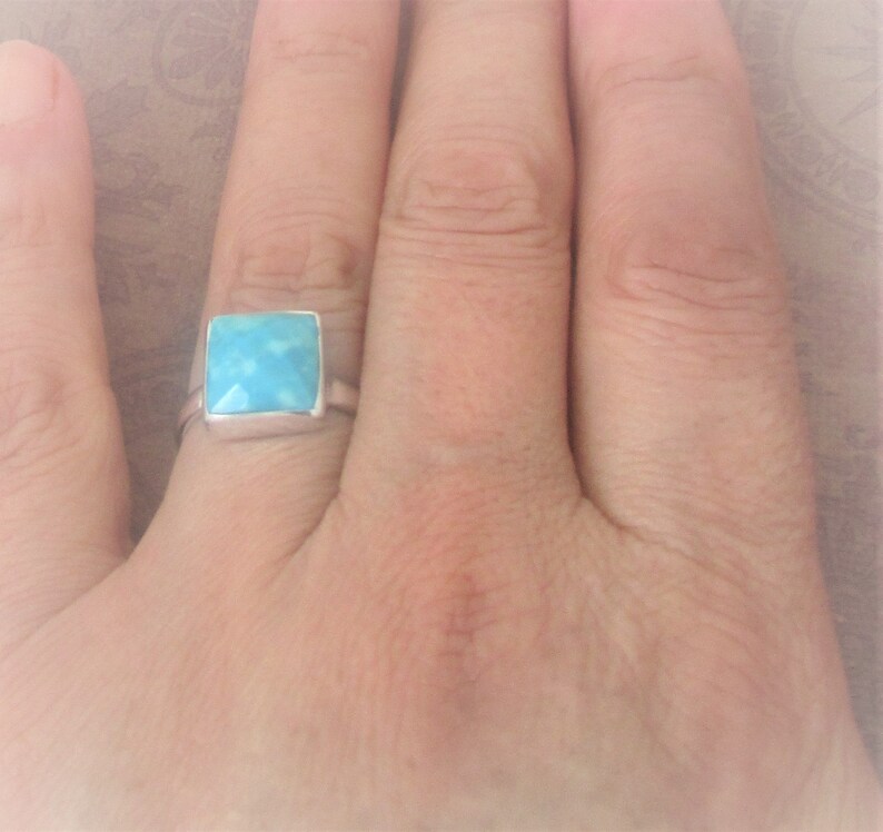 Blue-sky Arizona Turquoise Ring, Square gorgeous design, Genuine Gem, Solid 925 sterling silver. Gift for her 9 US