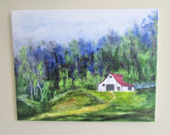 Barn in the Mountain Original Painting, Wall hanging, Home, Office décor, Unisex gift.