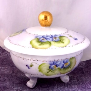 Vintage Porcelain Trinket Dish: Hand-Painted Blue Violets, Legged Bowl
