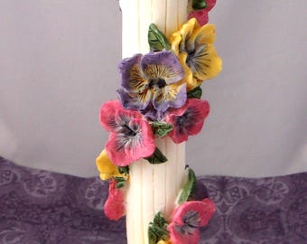 Pansy Flowers Candle Holder: Vintage Hand-Painted Ceramic Candlestick 8"T