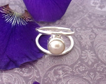 Silver and Pearl Rings, Double Band soft Beige Gems, Handcrafted 925 sterling Silver and Natural Gems-Pearls, Gift for Her.