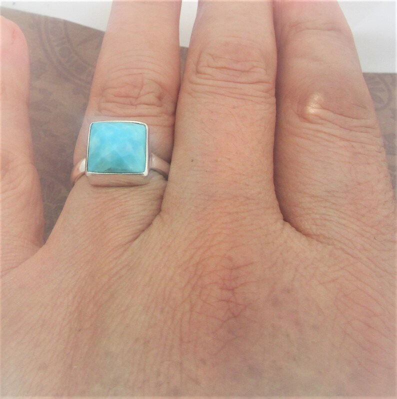 Blue-sky Arizona Turquoise Ring, Square gorgeous design, Genuine Gem, Solid 925 sterling silver. Gift for her 6 US