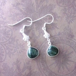Seraphinite & Silver long Earrings, Beautiful Genuine Gems deep forest green with silvery tones , 925 sterling silver. Gift for Her. image 9