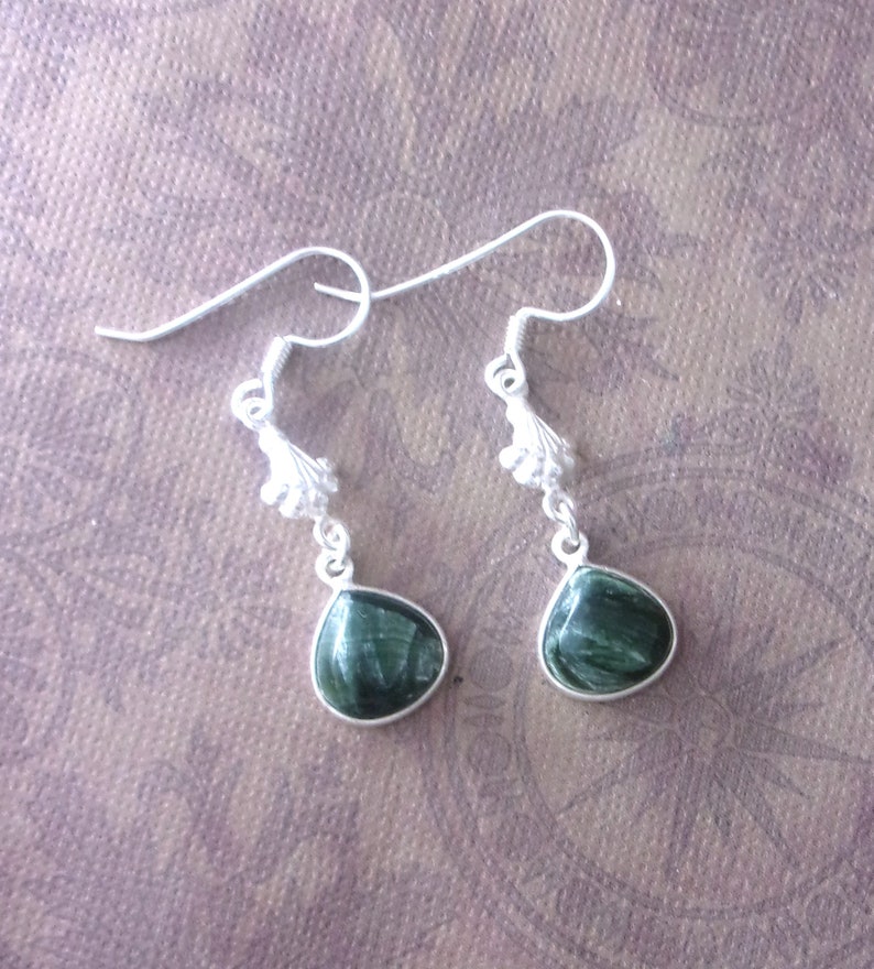 Seraphinite & Silver long Earrings, Beautiful Genuine Gems deep forest green with silvery tones , 925 sterling silver. Gift for Her. image 9