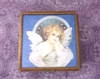 Kobaltblaue Glas Engel Schmuckbox: 3,25 ""Sq - Goldmessing Zierleiste", Vintage Enesco 1993."