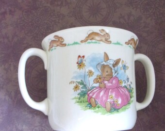 Vintage Royal Doulton Porcelain Bunnykins Bowl, Double handle Mug and Egg cup. England Fine Porcelain. Unisex Gift, Adults & Children gift.