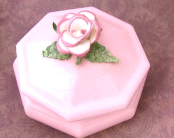 Pink  Porcelain trinket-Jewelry box with raised rose, Beautiful Vanity-Table decor box. Vintage collectible. Gift for her.