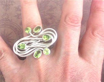 Silver Peridot Filigree Rings: Handmade Artist Design 1.50" T. Natural Gems. 925 Sterling.