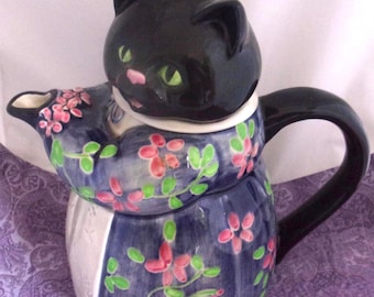 Otagiri Japan Teapot: Vintage Porcelain Black Cat with Pink Roses and Green Eyes