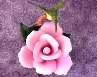 Hummingbird on Pink Rose: Porcelain Figurine 4.50" T - New Vintage