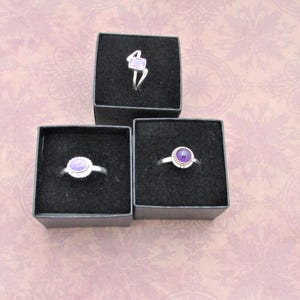 Small everyday rings, Made of 925 sterling silver and genuine gems. Each gem is approx. 1/4"
Round Amethyst is size 9
Rectangular Amethyst is size 8
Lavender oval shape size 9 gorgeous gemstone.