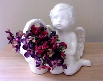 Porcelain Cherub with Flower Basket: Setting Angel Figurine 5.25" T - Pink & purple Hydrangeas- New Vintage.