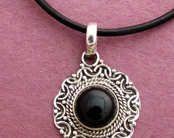 Red and black Onyx pendants, Light silver necklaces, Pendants with leather cord, 925 sterling silver.  Gift for her.