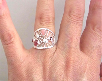 Pink Tourmaline & Opal Filigree Rings: Handcrafted 925 Sterling silver- Natural Gems- Wide Band.