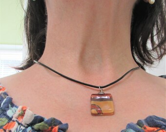 Glass pendant necklace.  Autumn color glass pendant with leather cord. Boho, light  necklace. Gift for her.