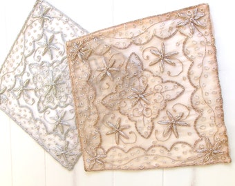 Square Doilies Silver and Peach, Embroidered 16" and 12",  Beautiful fancy Table décor, Wedding gift. Holiday -Everyday Decor. Gift for her.