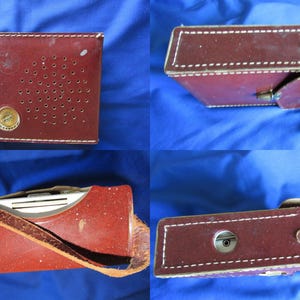 May include: A vintage maroon leather-cased radio with a white dial and a gold-coloured knob. The case has a perforated speaker area and white stitching. A leather strap is attached. The radio is displayed from multiple angles.