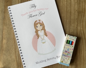 A5 Personalised Brown Hair Flower Girl - Bridesmaid Wedding Activity Pack, Colouring Book, Favour