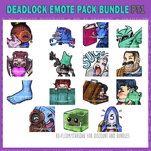 May include: A set of digital graphics titled Deadlock Emote Pack Bundle PT1. The images showcase cartoon characters and objects, such as a cat, a demon, a book, a foot, and a suitcase. The text "ERVED" is visible in one of the images.