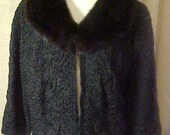 Vintage 50s Black Ribbon Knit and Black Mink Collar Jacket, Lenght 22 quot 3208