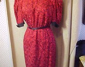 Vintage Red Print Dress Lined, Silk . black trim M L 3374