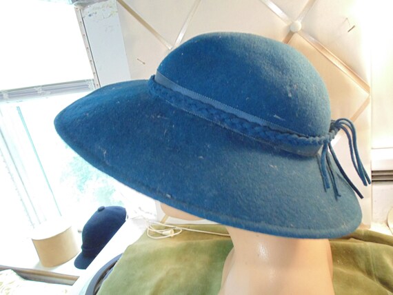 Vintage Dark Blue Green  Felt Wide Brim Hat with … - image 2