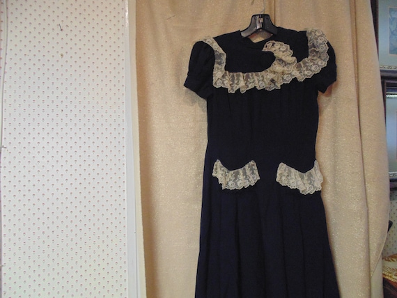 Vintage 1930s Navy Crepe and Lace Dress, Round Nec