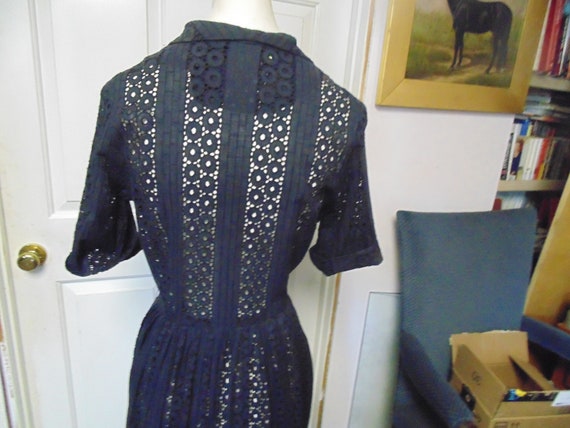 Vintage Navy Blue Eyelet Dress, Bust 35" - image 3