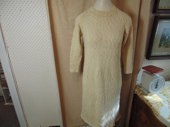 Vintage Hand Knit Off White Dress.  S/M. #6092 - image 1