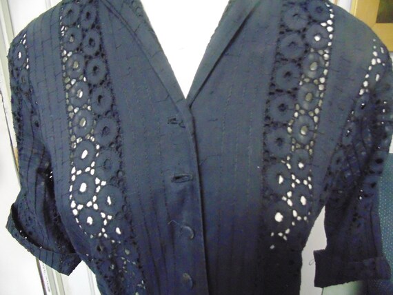 Vintage Navy Blue Eyelet Dress, Bust 35" - image 2