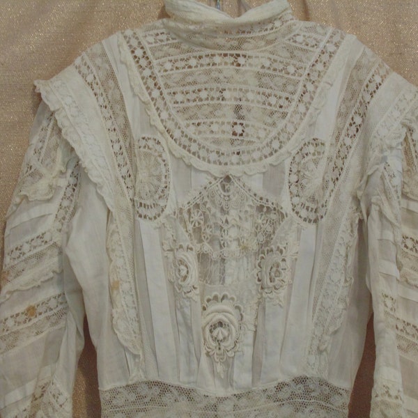 Antique 1910 White Cotton and Lace Dress,  Small, #9026