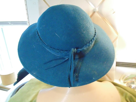 Vintage Dark Blue Green  Felt Wide Brim Hat with … - image 1