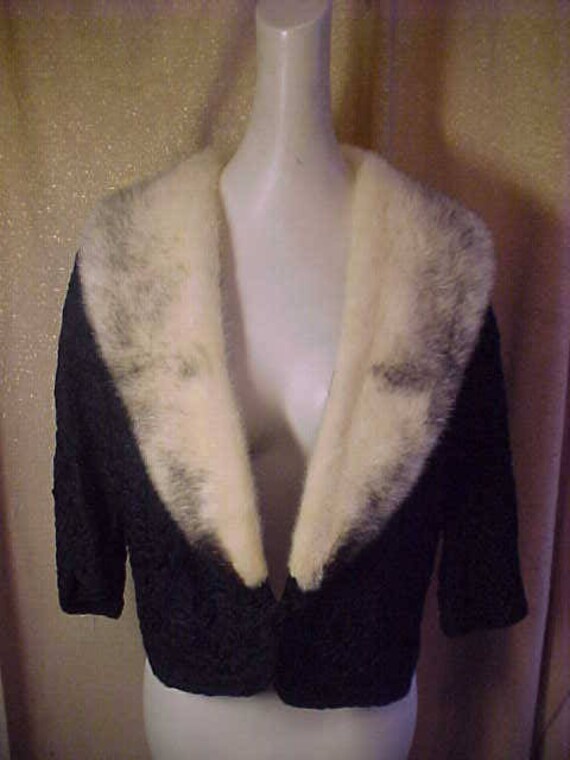 Vintage Black Ribbon Knit Jacket with Mink Collar… - image 1