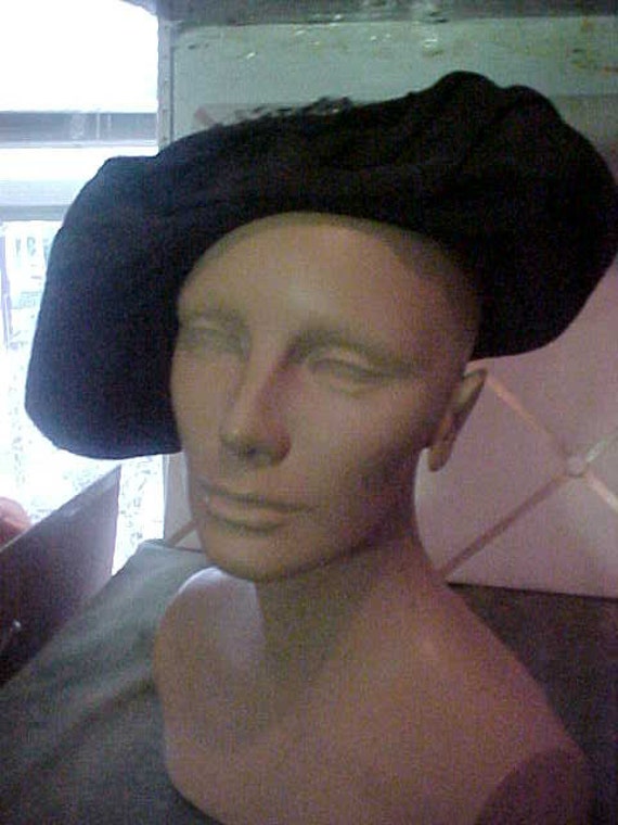 1940s  Black Taffeta Wide Brim Hat Turned Up with… - image 1