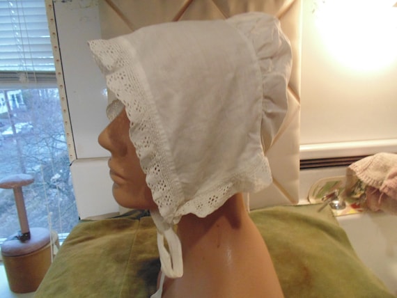 Antique White Cotton Early Bonnet with ruffles.  … - image 1