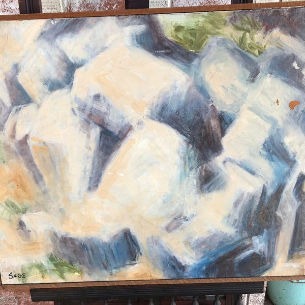 Vintage Mid Century Framed White Geological Abstract Oil on Canvas by Gordon Sage '62