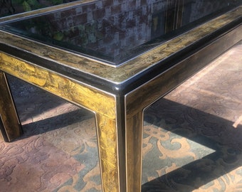 Vintage Large Acid Etched Brass and Black Lacquer Glass Coffee Table by Bernard Rohne