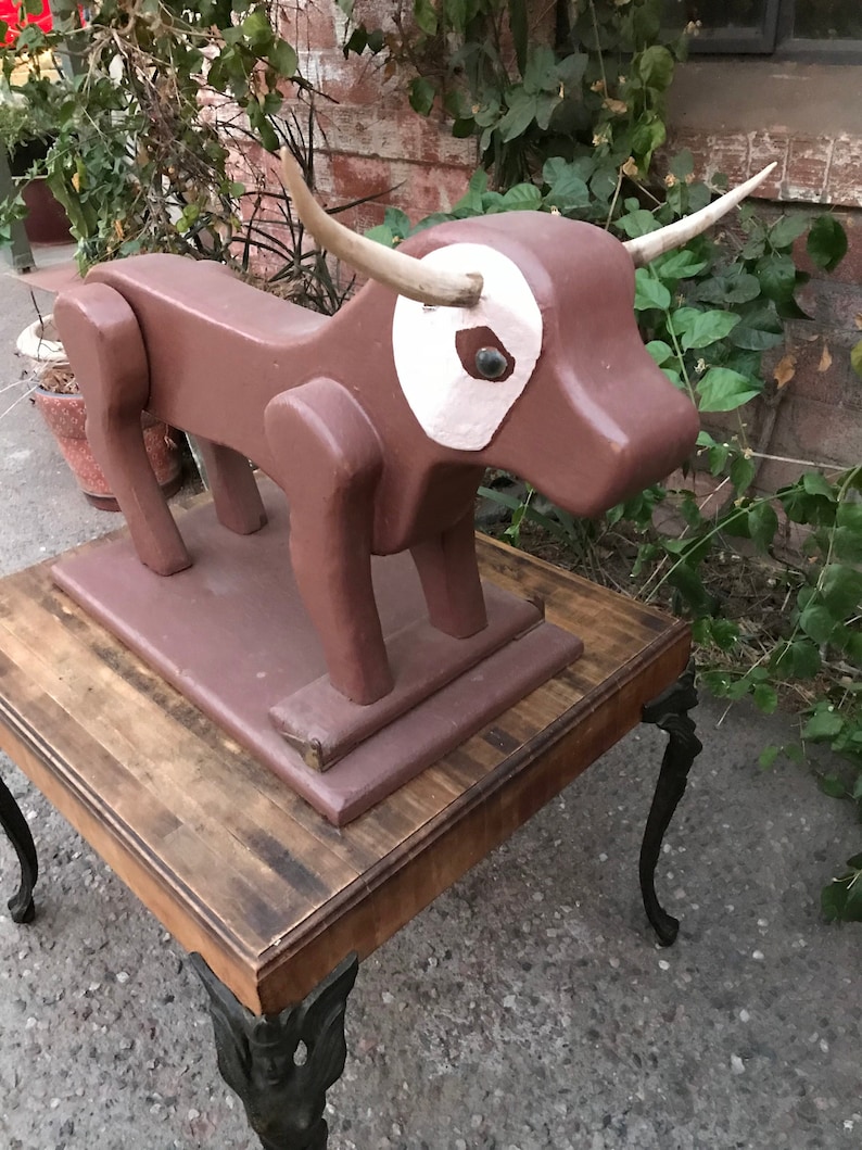 Vintage Cowboy Roping Bull with Articulating Rear Legs and Real Horns