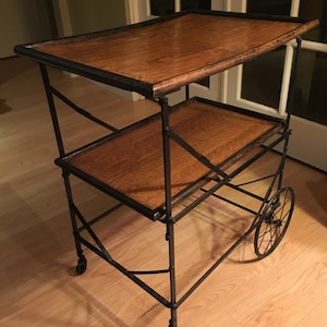 Antique French Oak and Iron bar serving cart late 1800s early 1900s industrial chic