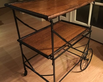 Antique French Oak and Iron bar serving cart late 1800s early 1900s industrial chic