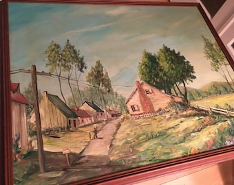 Beautiful Vintage Original Oil Painting of Small French Country Town or Village