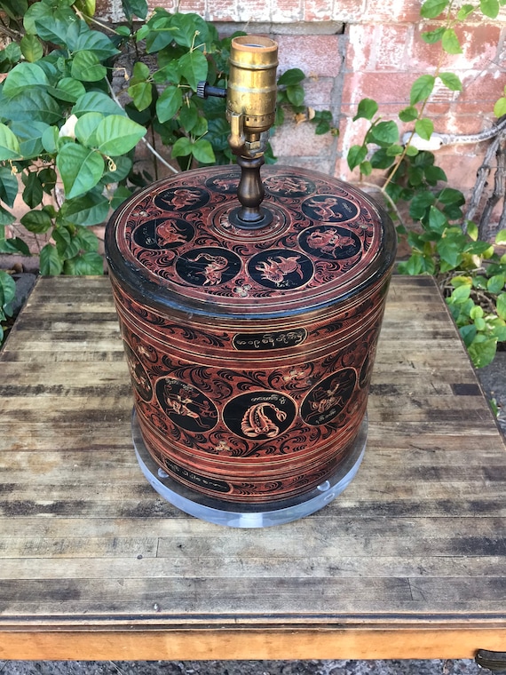 Burmese Antique Lacquered Bamboo Betal Nut Box Converted Lamp with Acrylic Base