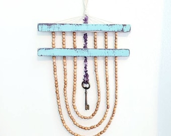 Amethyst Crystal Wood Wall Hanging with Key, Upcycled Home Decor